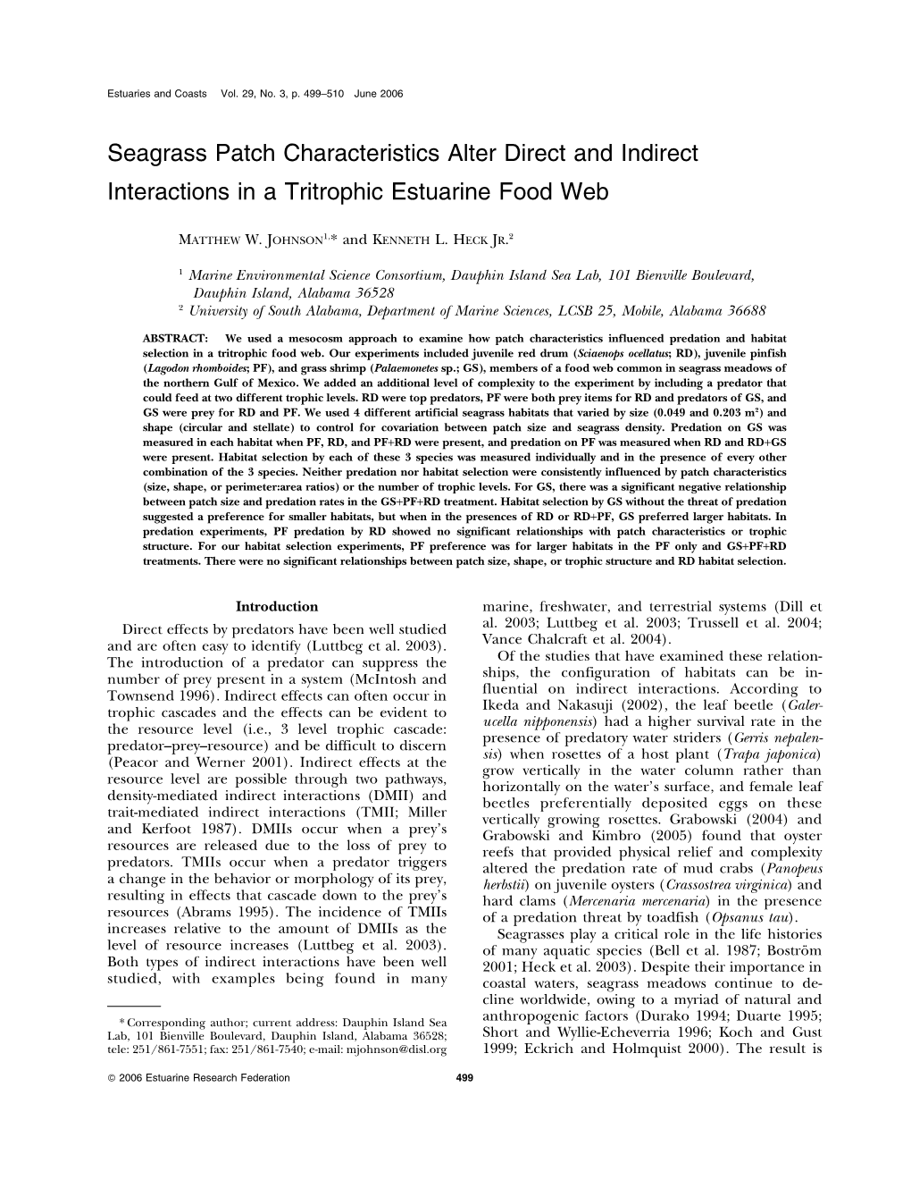 Seagrass Patch Characteristics Alter Direct and Indirect Interactions in a Tritrophic Estuarine Food Web