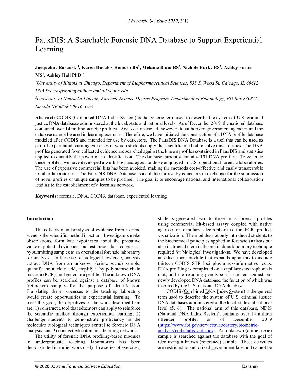 A Searchable Forensic DNA Database to Support Experiential Learning