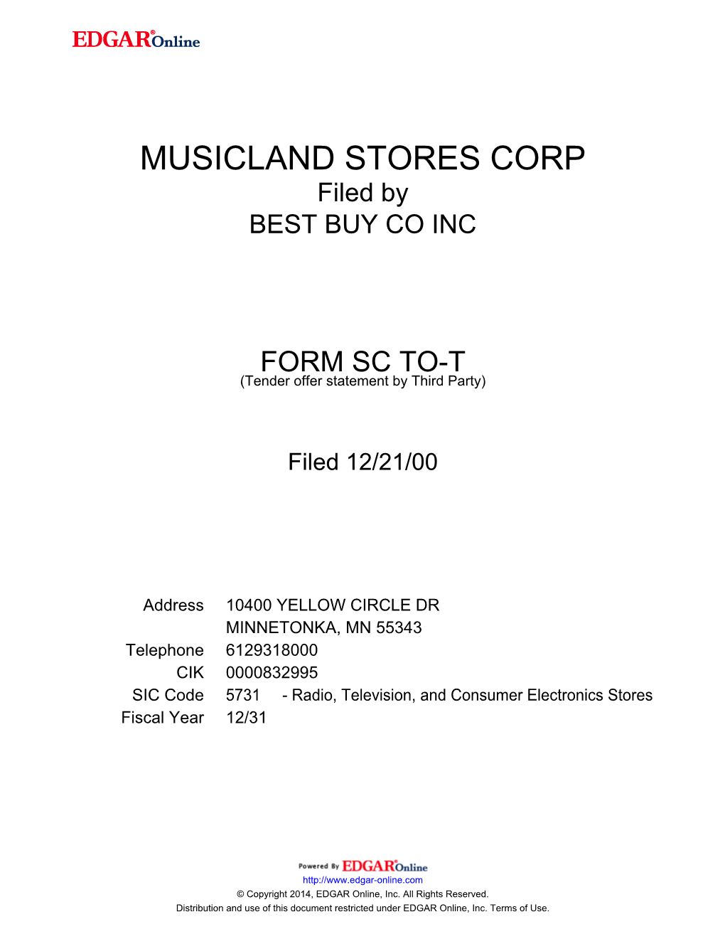 MUSICLAND STORES CORP Filed by BEST BUY CO INC