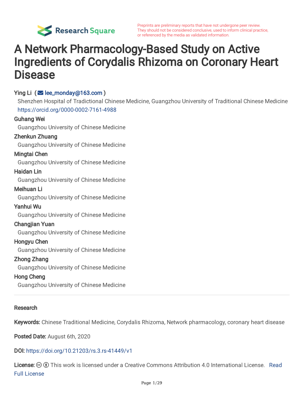 A Network Pharmacology-Based Study on Active Ingredients of Corydalis Rhizoma on Coronary Heart Disease