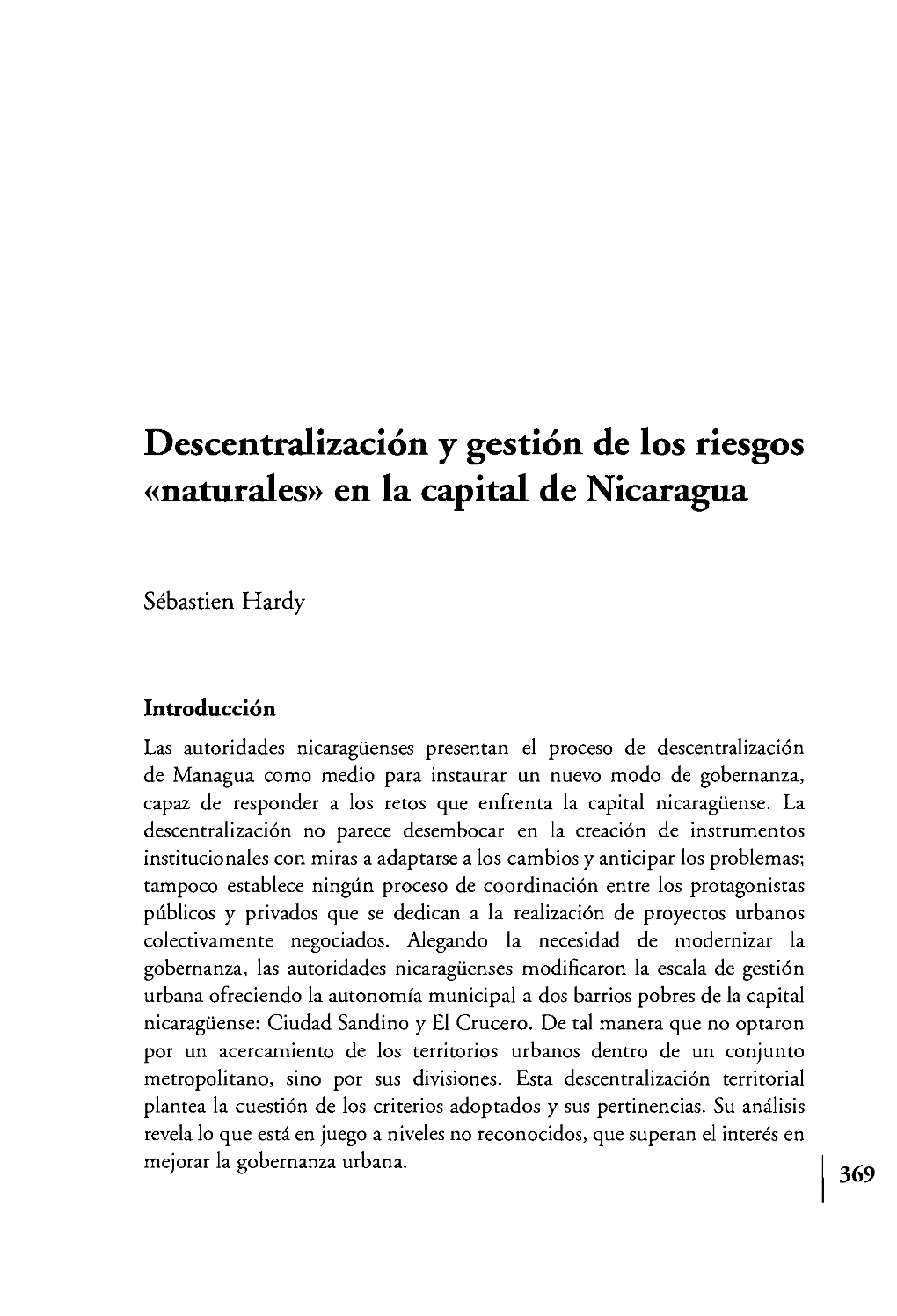 Descentralizacion Y Gestion De Los Riesgos Naturales En La Capital De