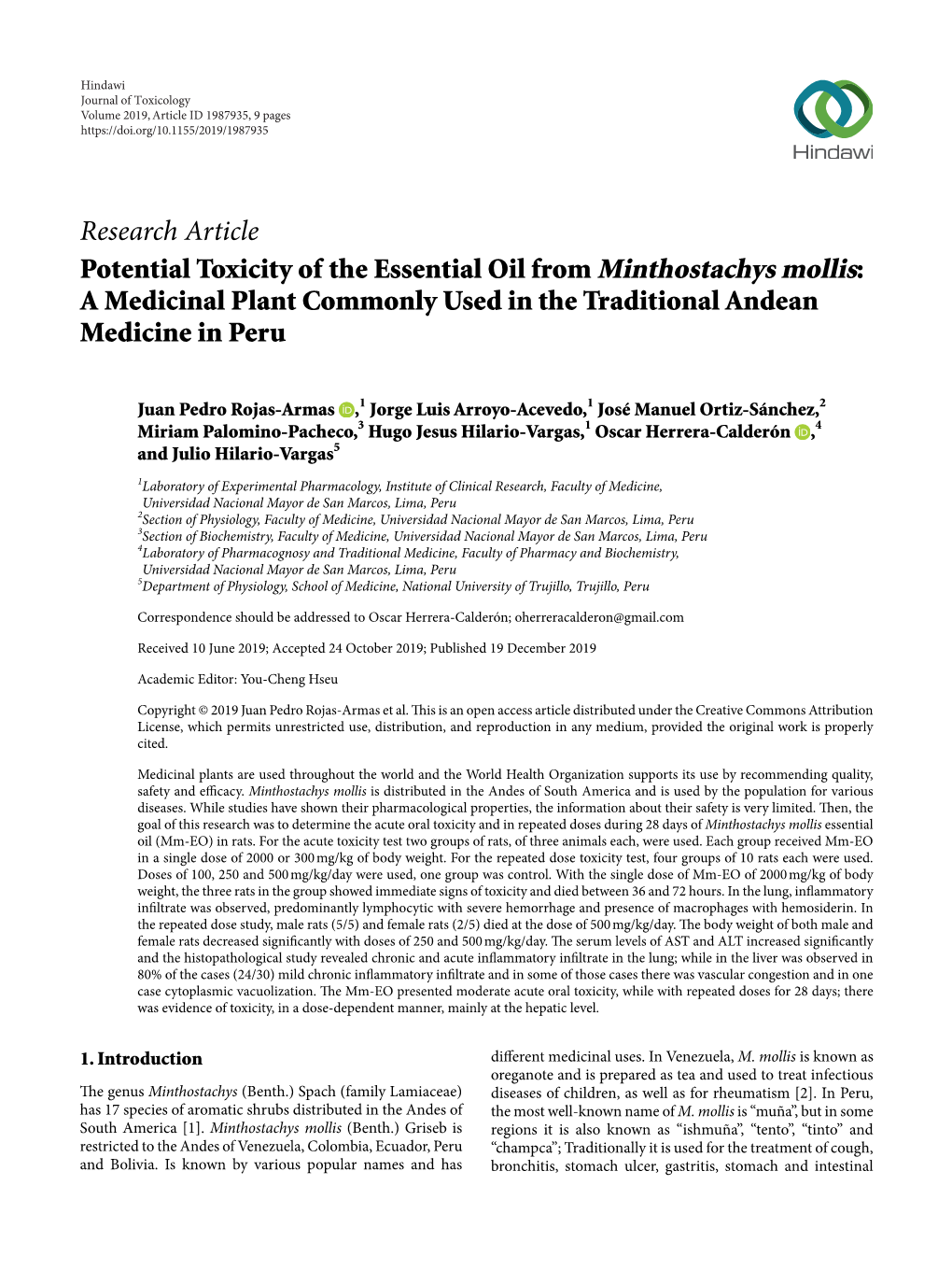 Potential Toxicity of the Essential Oil from Minthostachys Mollis: a Medicinal Plant Commonly Used in the Traditional Andean Medicine in Peru