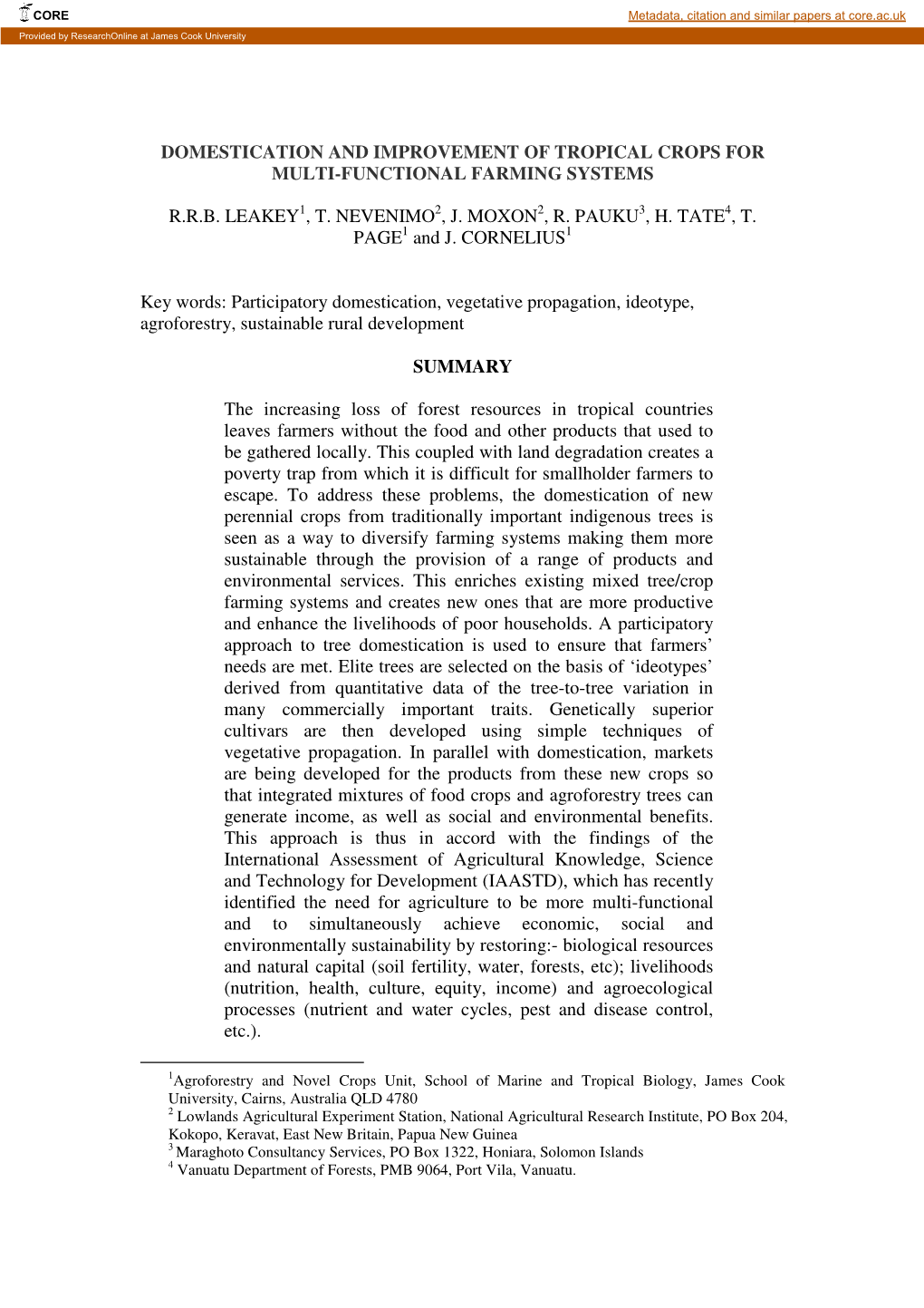 Domestication and Improvement of Tropical Crops for Multi-Functional Farming Systems