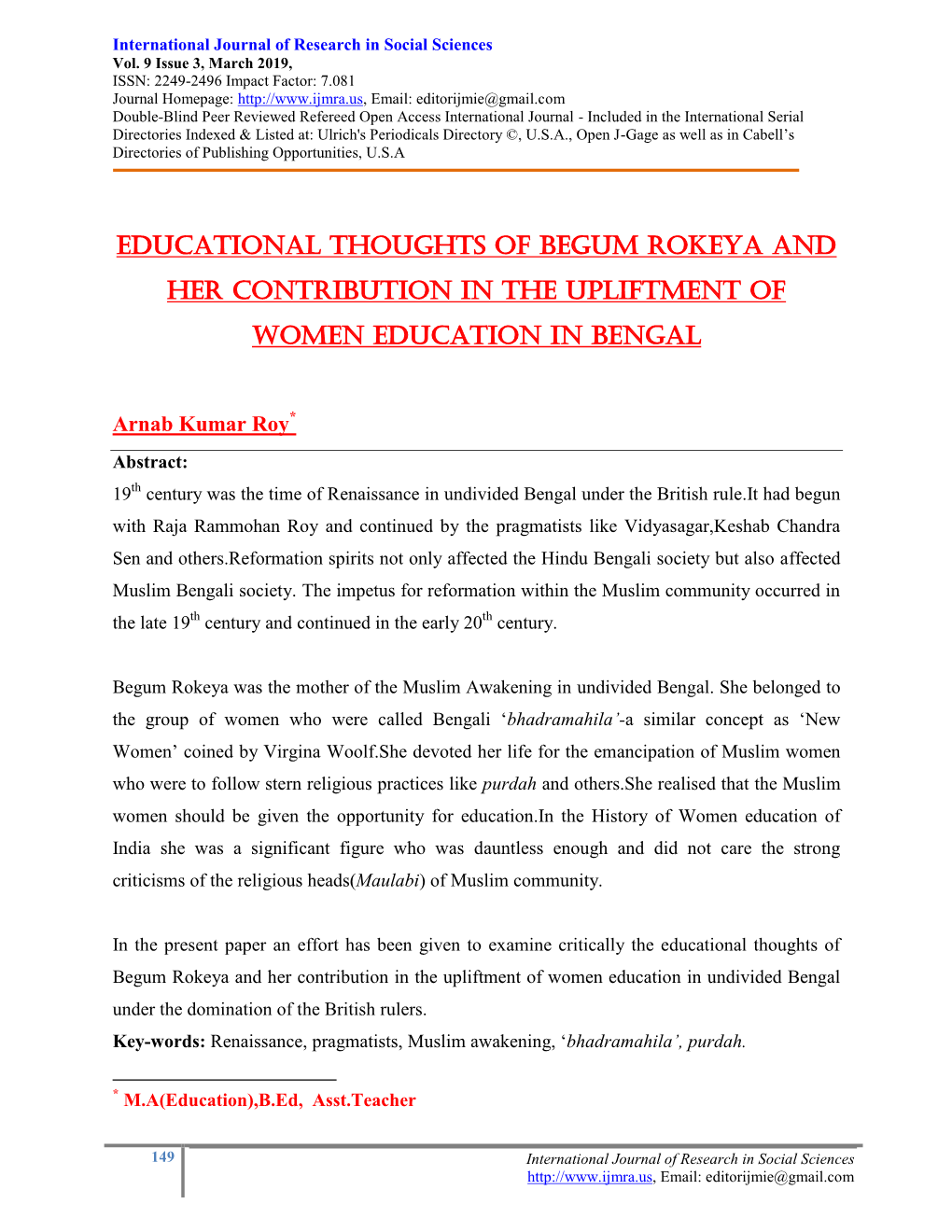 Educational Thoughts of Begum Rokeya and Her Contribution in the Upliftment of Women Education in Bengal