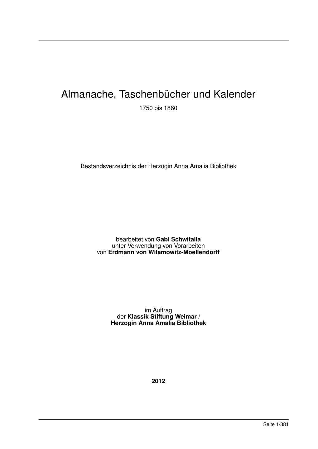 Almanache, Taschenbücher Und Kalender 1750 Bis 1860