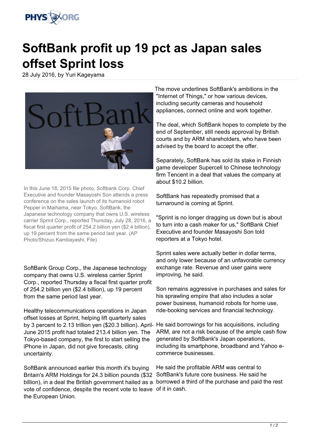 Softbank Profit up 19 Pct As Japan Sales Offset Sprint Loss 28 July 2016, by Yuri Kageyama