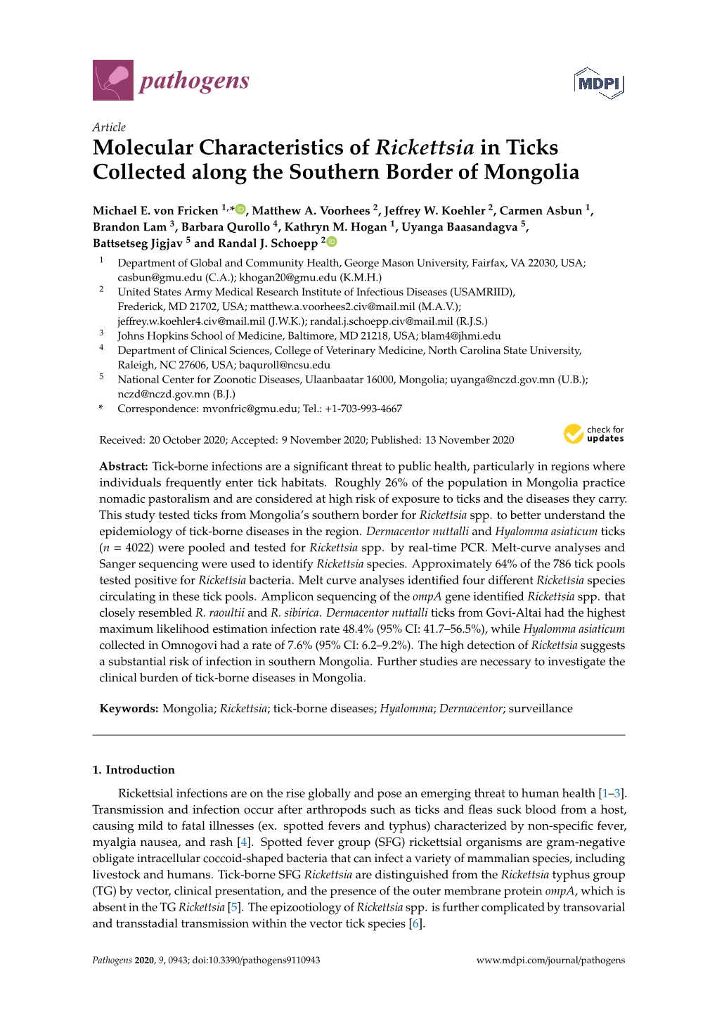 Molecular Characteristics of Rickettsia in Ticks Collected Along the Southern Border of Mongolia