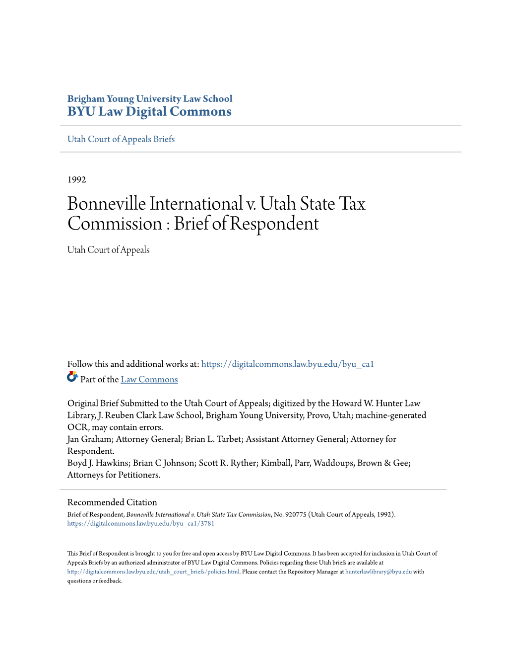 Bonneville International V. Utah State Tax Commission : Brief of Respondent Utah Court of Appeals