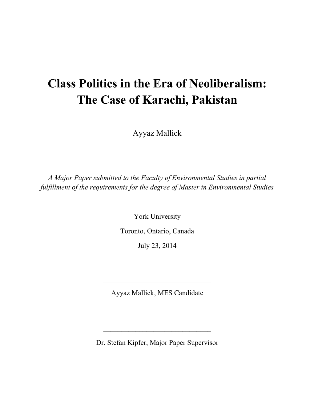 Class in the Era of Neoliberalism: the Case of Karachi, Pakistan