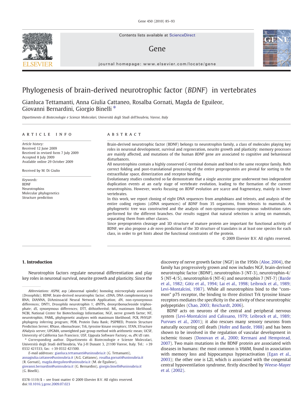 Phylogenesis of Brain-Derived Neurotrophic Factor (BDNF)‏ In