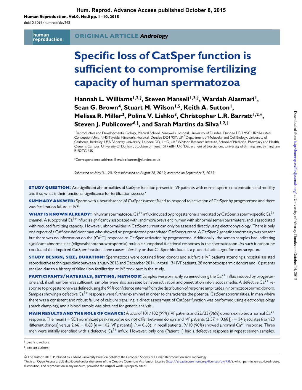 Specific Loss of Catsper Function Is Sufficient to Compromise Fertilizing