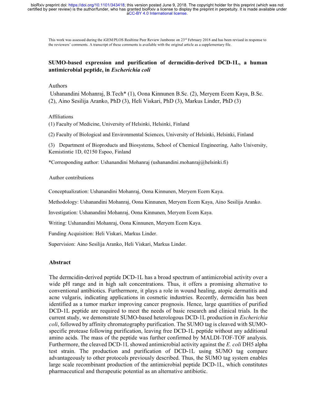 SUMO-Based Expression and Purification of Dermcidin-Derived DCD-1L, a Human Antimicrobial Peptide, in Escherichia Coli