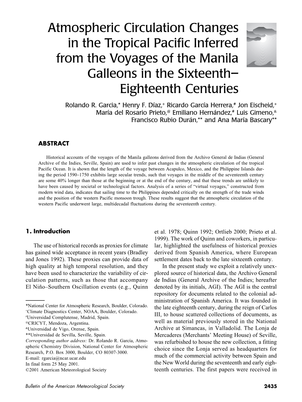 Atmospheric Circulation Changes in the Tropical Pacific Inferred from the Voyages of the Manila Galleons in the Sixteenth– Eighteenth Centuries Rolando R