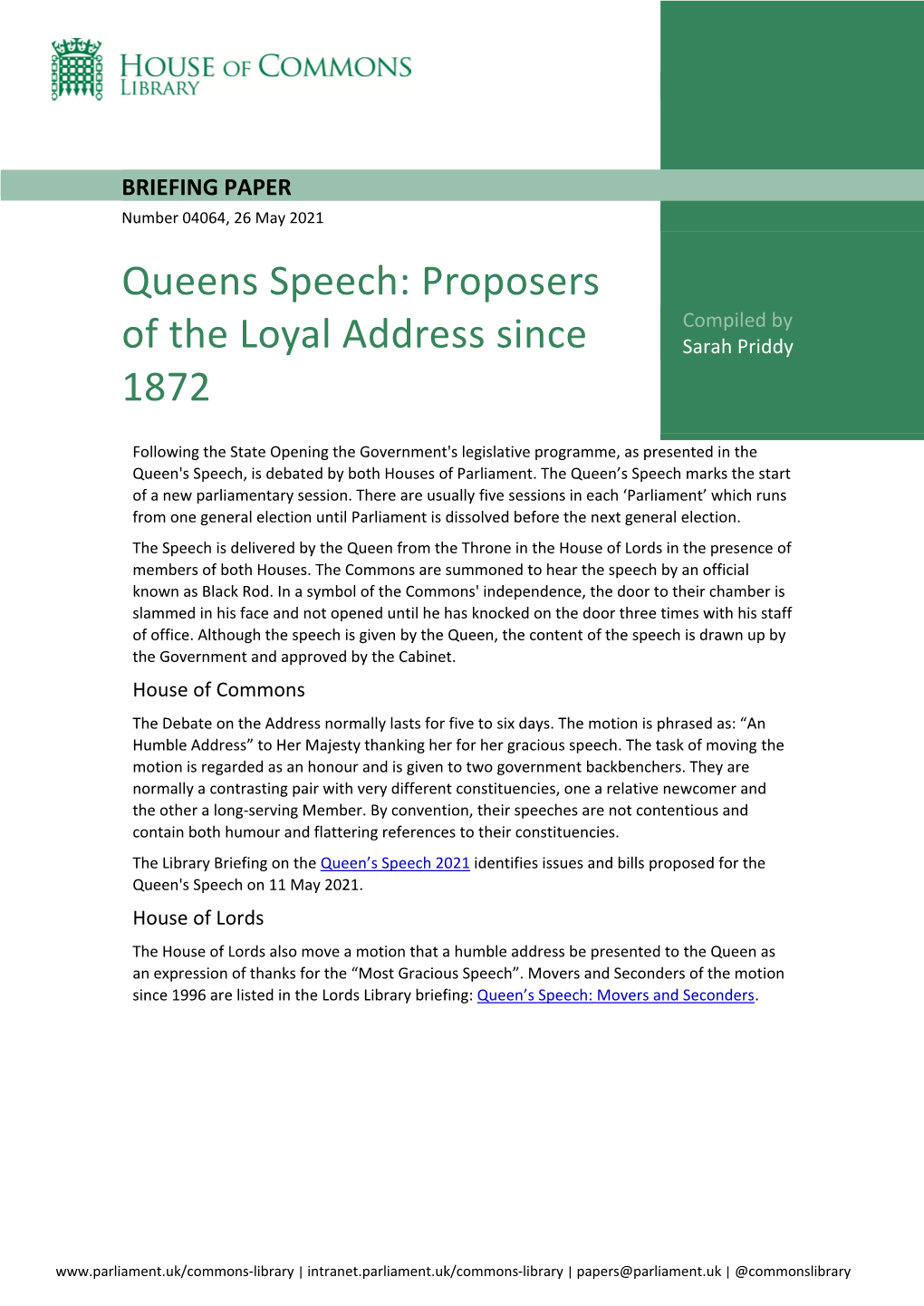 Proposers of the Loyal Address Since 1900