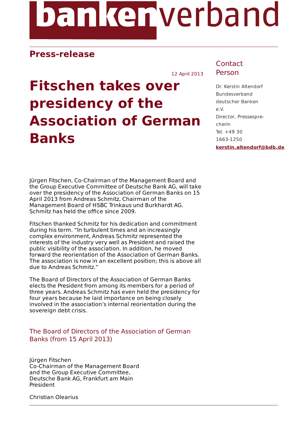 Fitschen Takes Over Presidency of the Association of German Banks