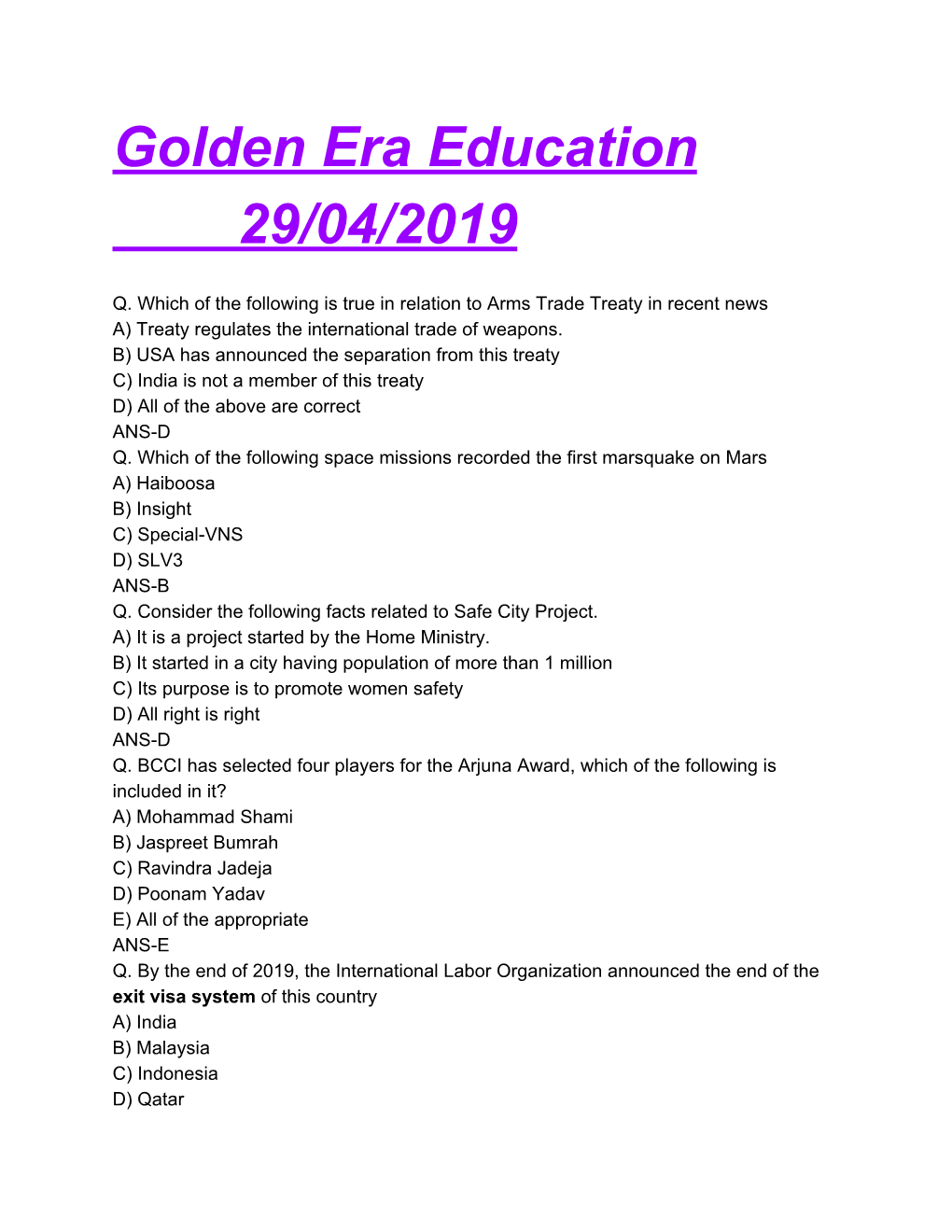 Golden Era Education 29/04/2019