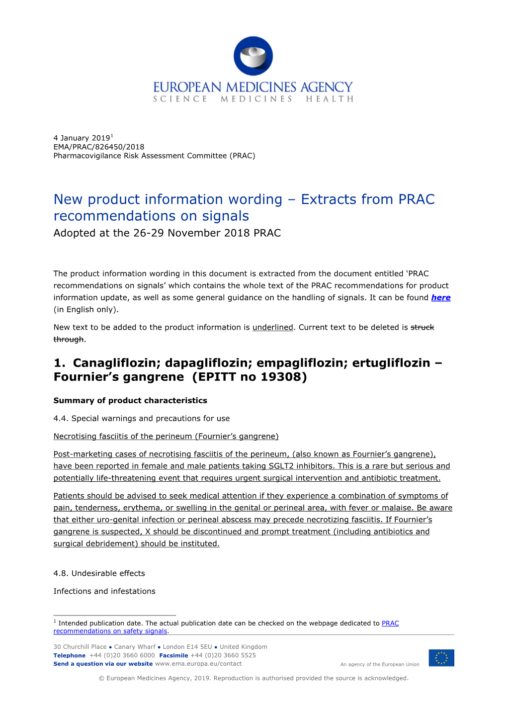 New Product Information Wording – Extracts from PRAC Recommendations on Signals Adopted at the 26-29 November 2018 PRAC