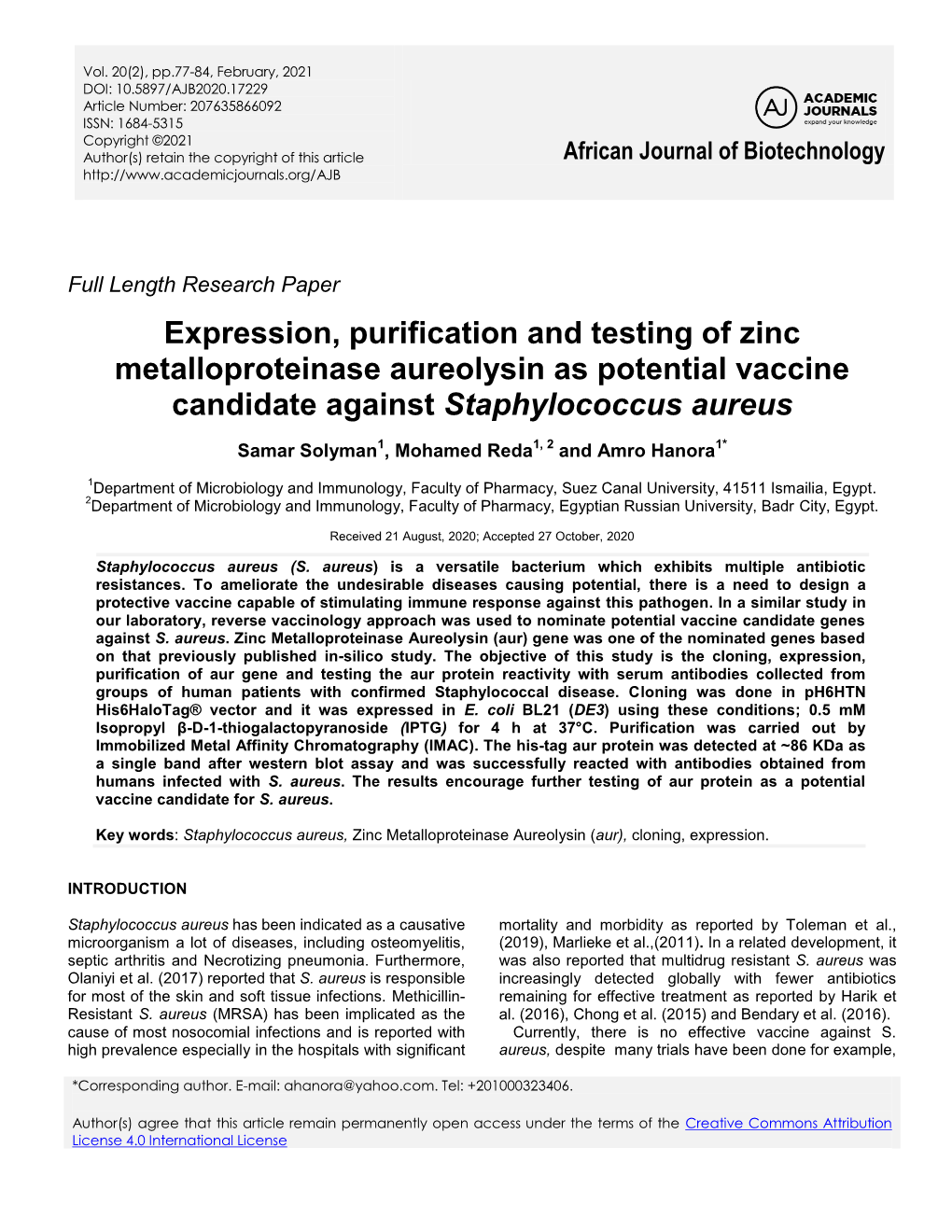 Expression, Purification and Testing of Zinc Metalloproteinase Aureolysin As Potential Vaccine Candidate Against Staphylococcus Aureus