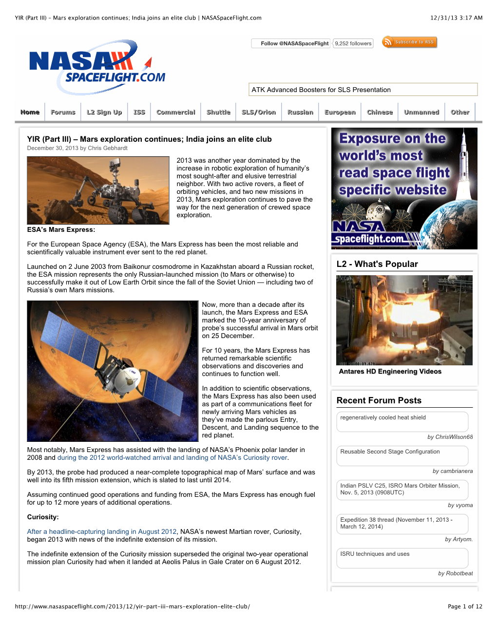 Mars Exploration Continues; India Joins an Elite Club | Nasaspaceflight.Com 12/31/13 3:17 AM