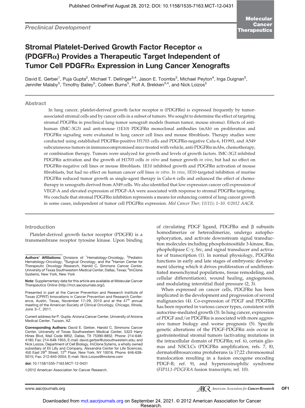 Stromal Platelet-Derived Growth Factor Receptor a (Pdgfra) Provides a Therapeutic Target Independent of Tumor Cell Pdgfra Expression in Lung Cancer Xenografts