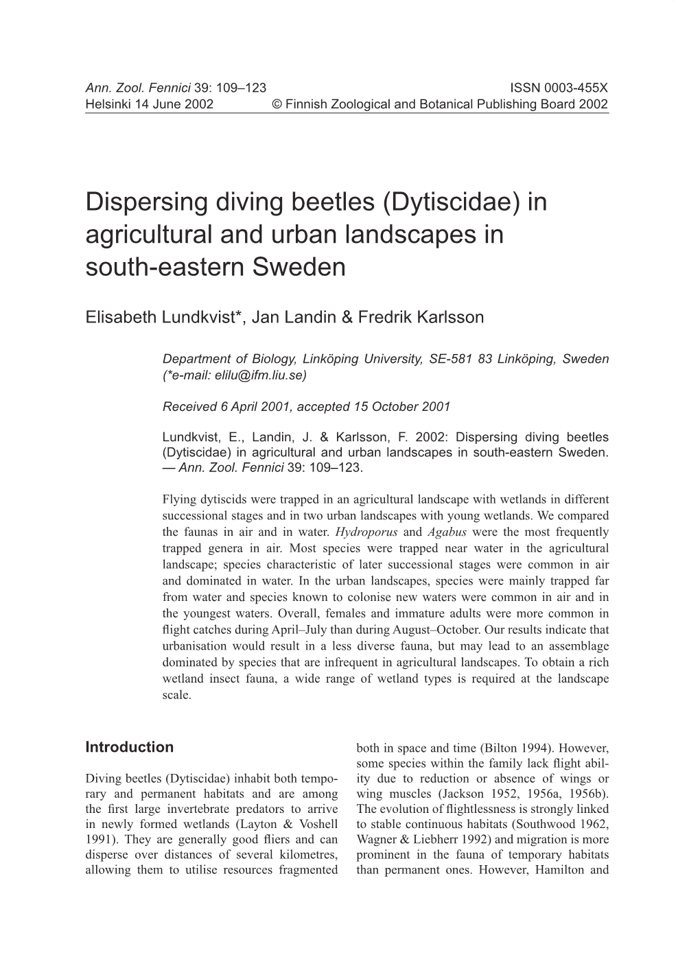 Dispersing Diving Beetles (Dytiscidae) in Agricultural and Urban Landscapes in South-Eastern Sweden