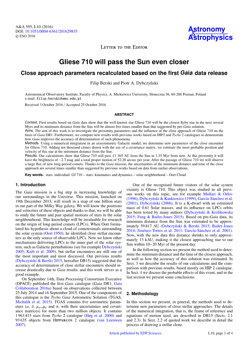 Gliese 710 Will Pass the Sun Even Closer Close Approach Parameters Recalculated Based on the ﬁrst Gaia Data Release