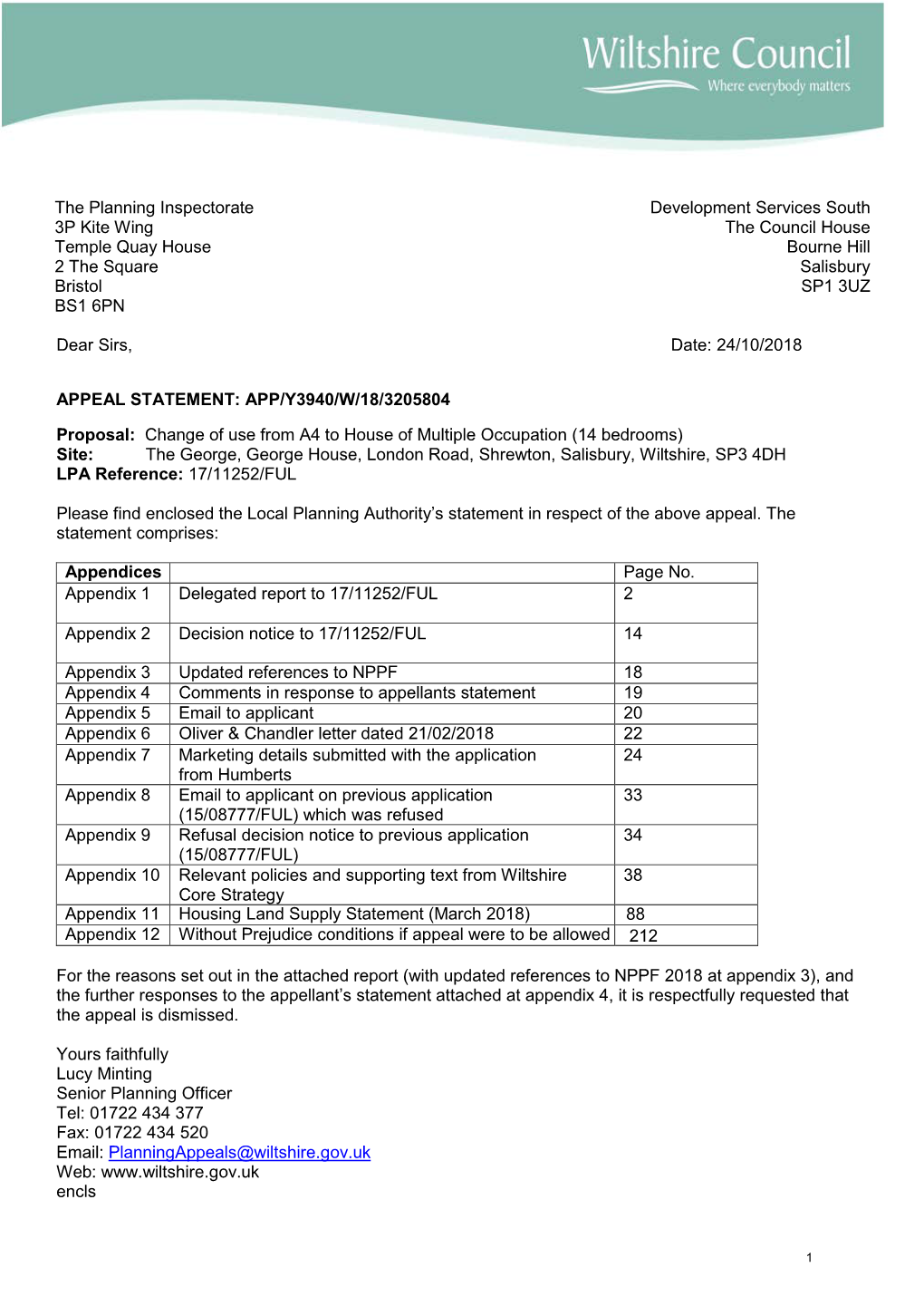 Dear Sirs, Date: 24/10/2018 APPEAL STATEMENT