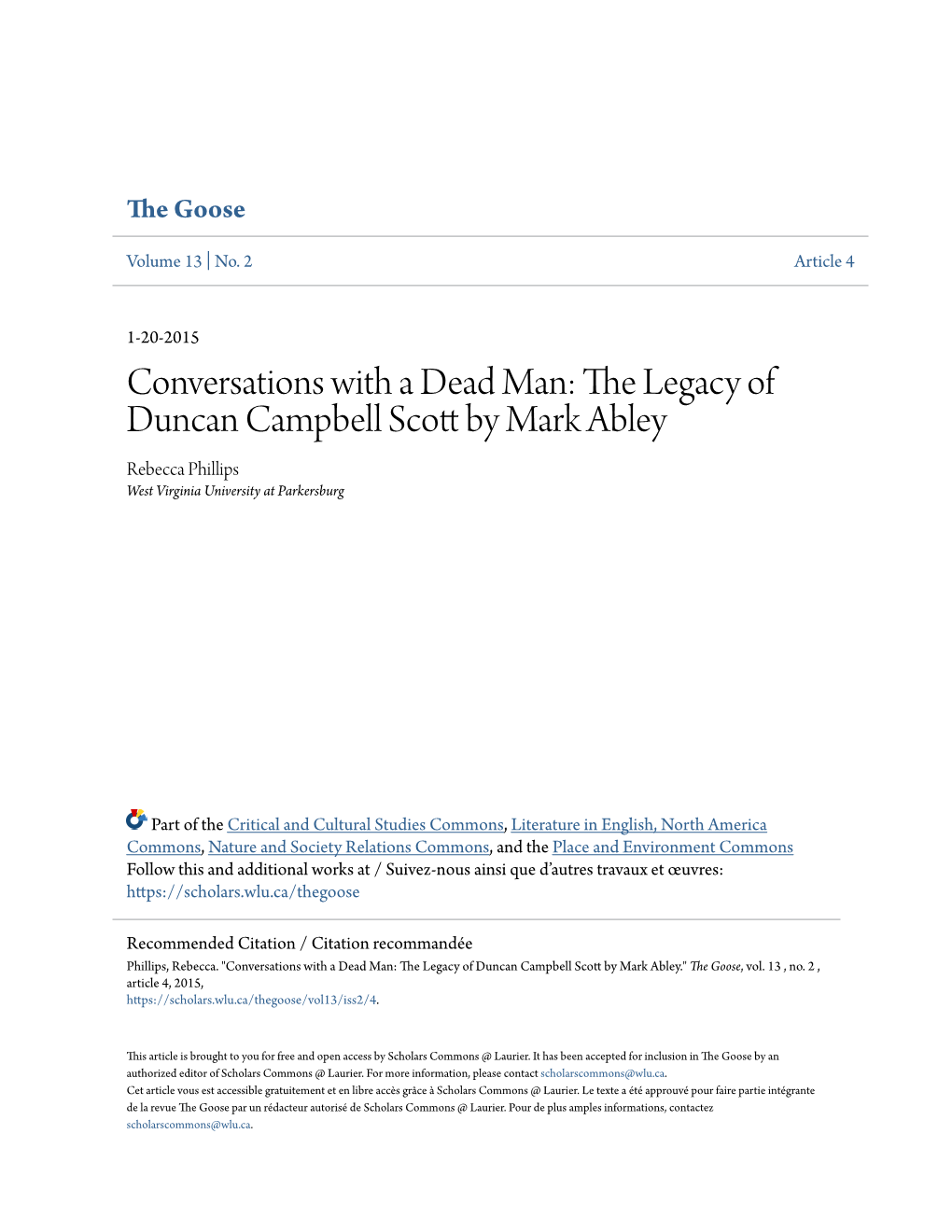 The Legacy of Duncan Campbell Scott by Mark Abley