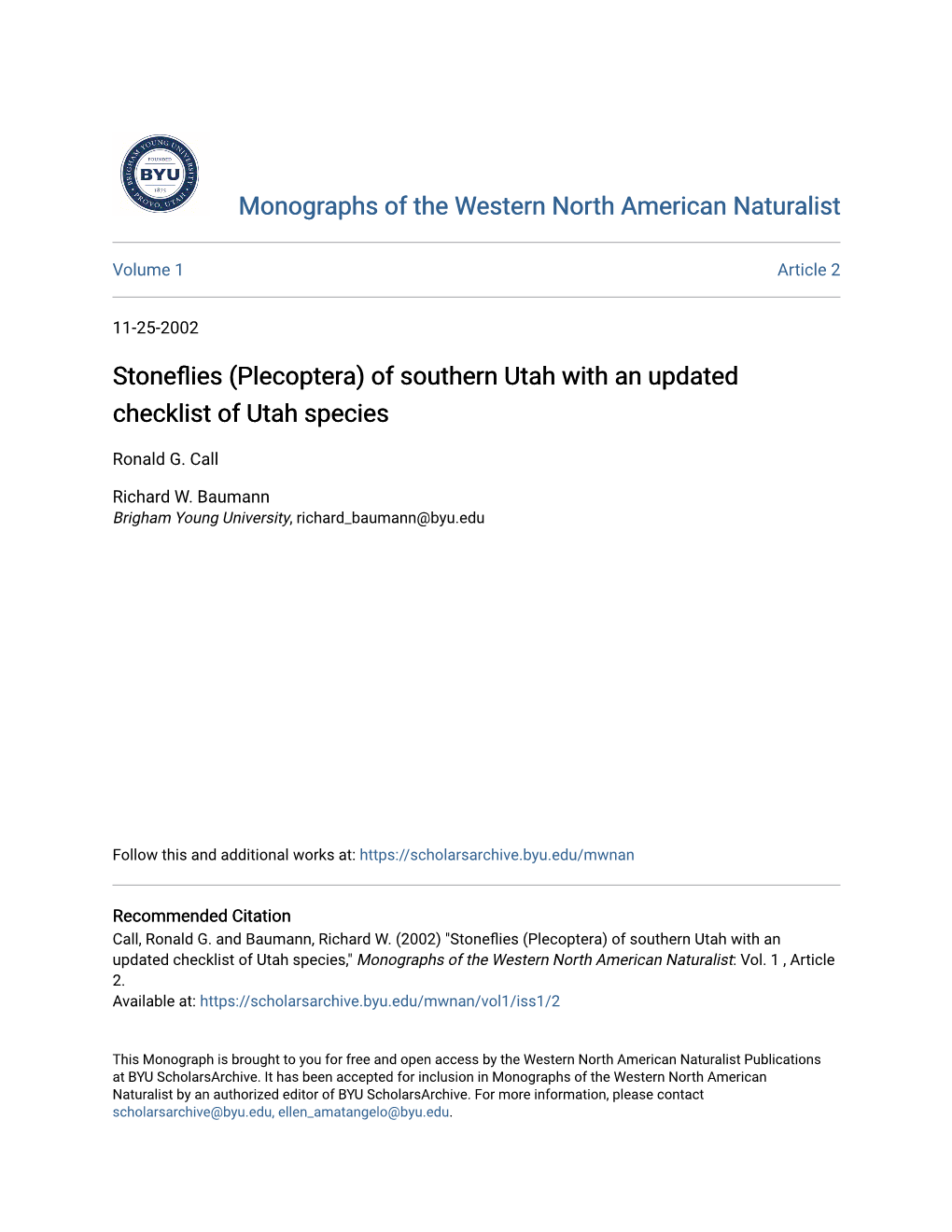 Stoneflies (Plecoptera) of Southern Utah with an Updated Checklist of Utah Species