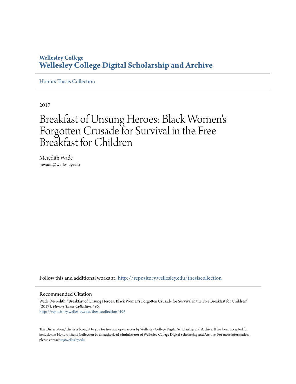 Black Women's Forgotten Crusade for Survival in the Free Breakfast for Children Meredith Wade Mwade@Wellesley.Edu