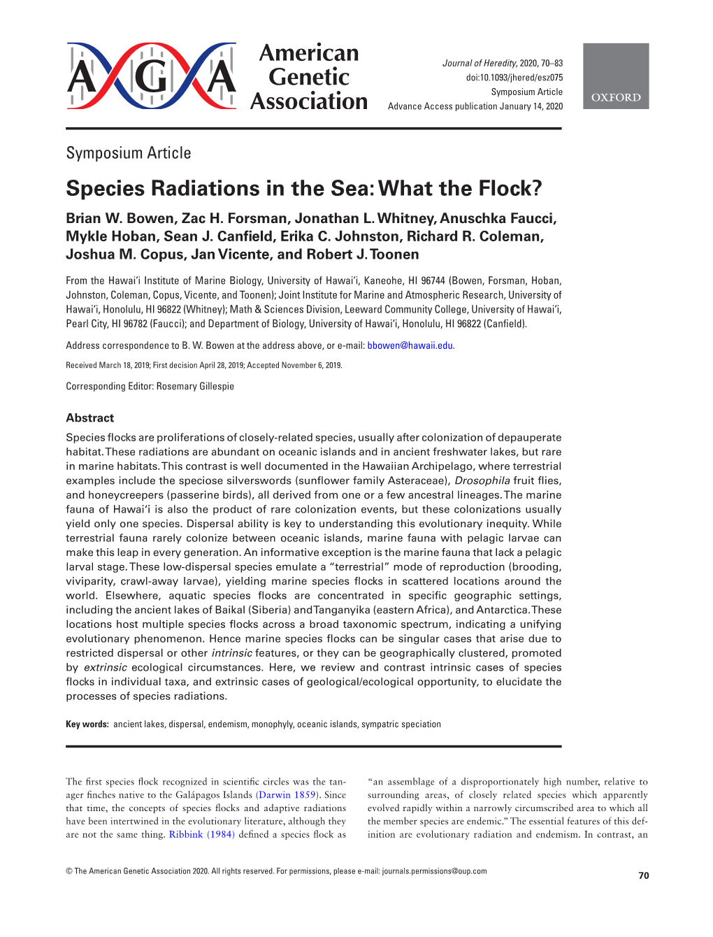 Species Radiations in the Sea: What the Flock? Brian W