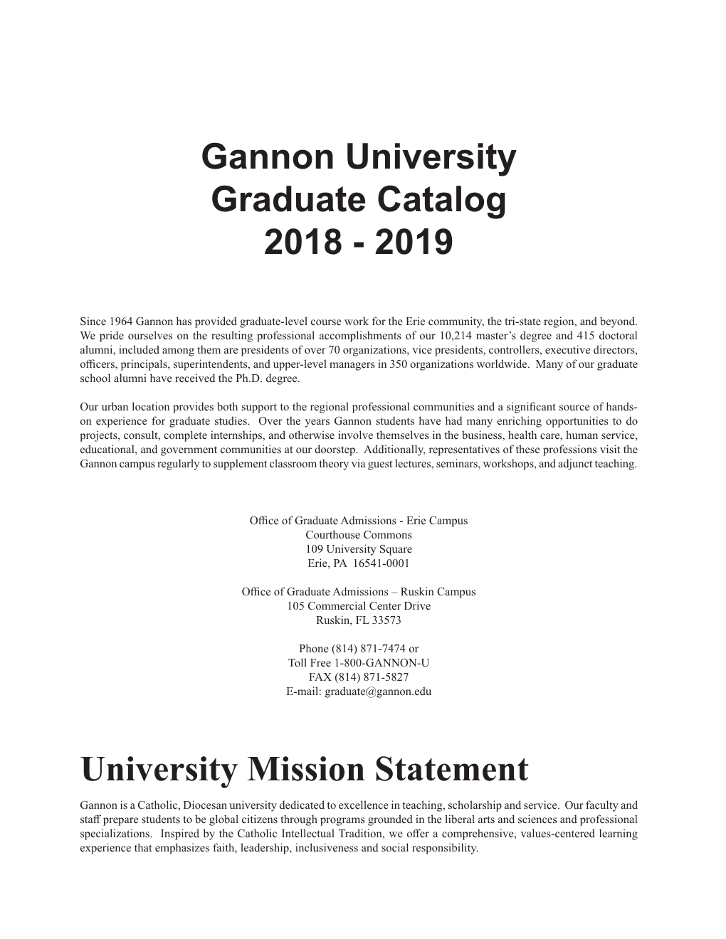 Gannon University Graduate Catalog 2018 - 2019