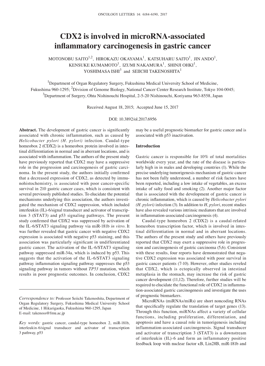 CDX2 Is Involved in Microrna‑Associated Inflammatory Carcinogenesis in Gastric Cancer