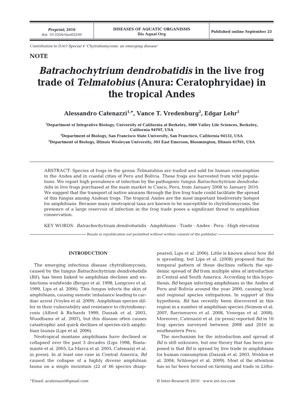 Batrachochytrium Dendrobatidis in the Live Frog Trade of Telmatobius (Anura: Ceratophryidae) in the Tropical Andes