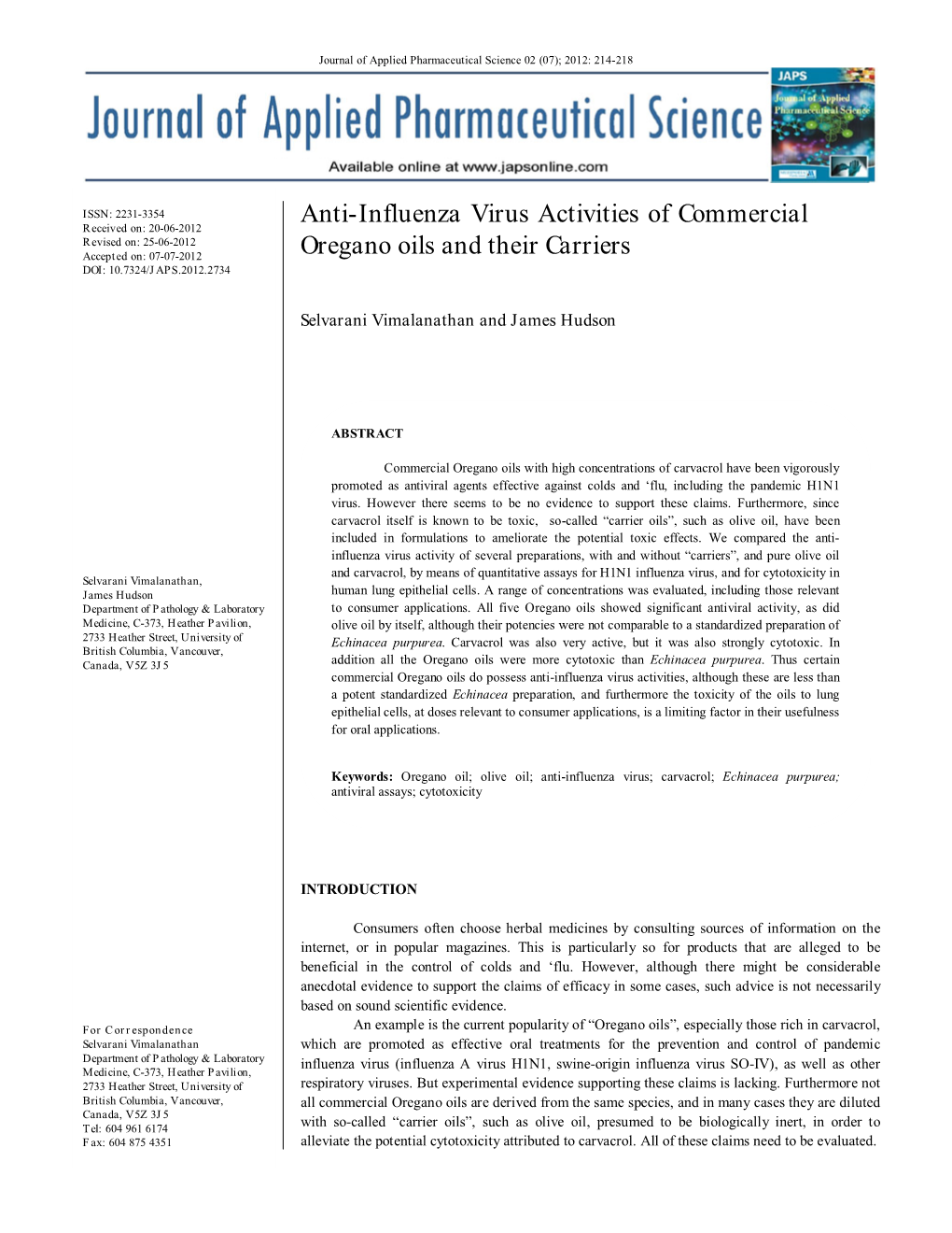 Anti-Influenza Virus Activities of Commercial Oregano Oils and Their