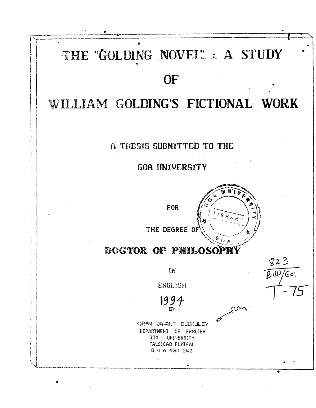 Golding Novel' : �Studg of William Golding's Fictional Work Submitted B Smt