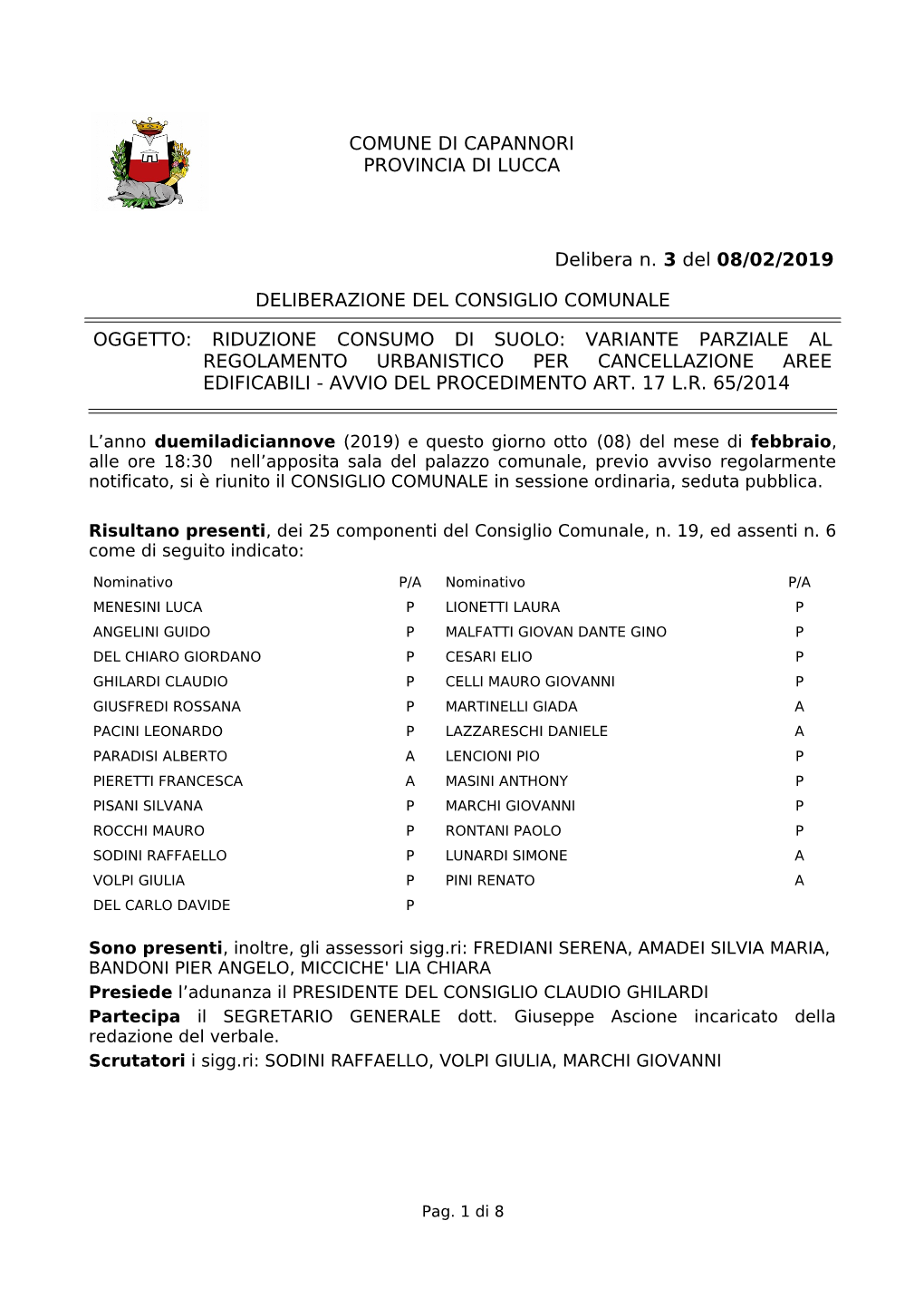 COMUNE DI CAPANNORI PROVINCIA DI LUCCA Delibera N