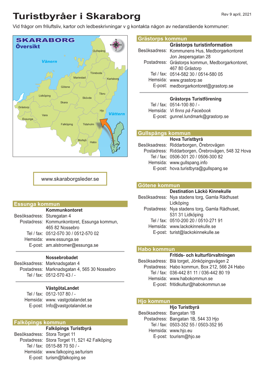 Turistbyråer I Skaraborg Rev 9 April, 2021 Vid Frågor Om Friluftsliv, Kartor Och Ledbeskrivningar V G Kontakta Någon Av Nedanstående Kommuner