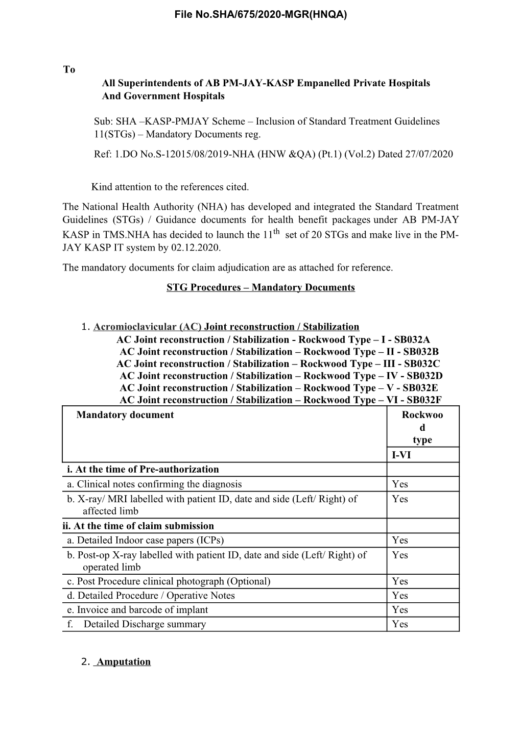 SHA –KASP-PMJAY Scheme – Inclusion of Standard Treatment Guidelines 11(Stgs) – Mandatory Documents Reg