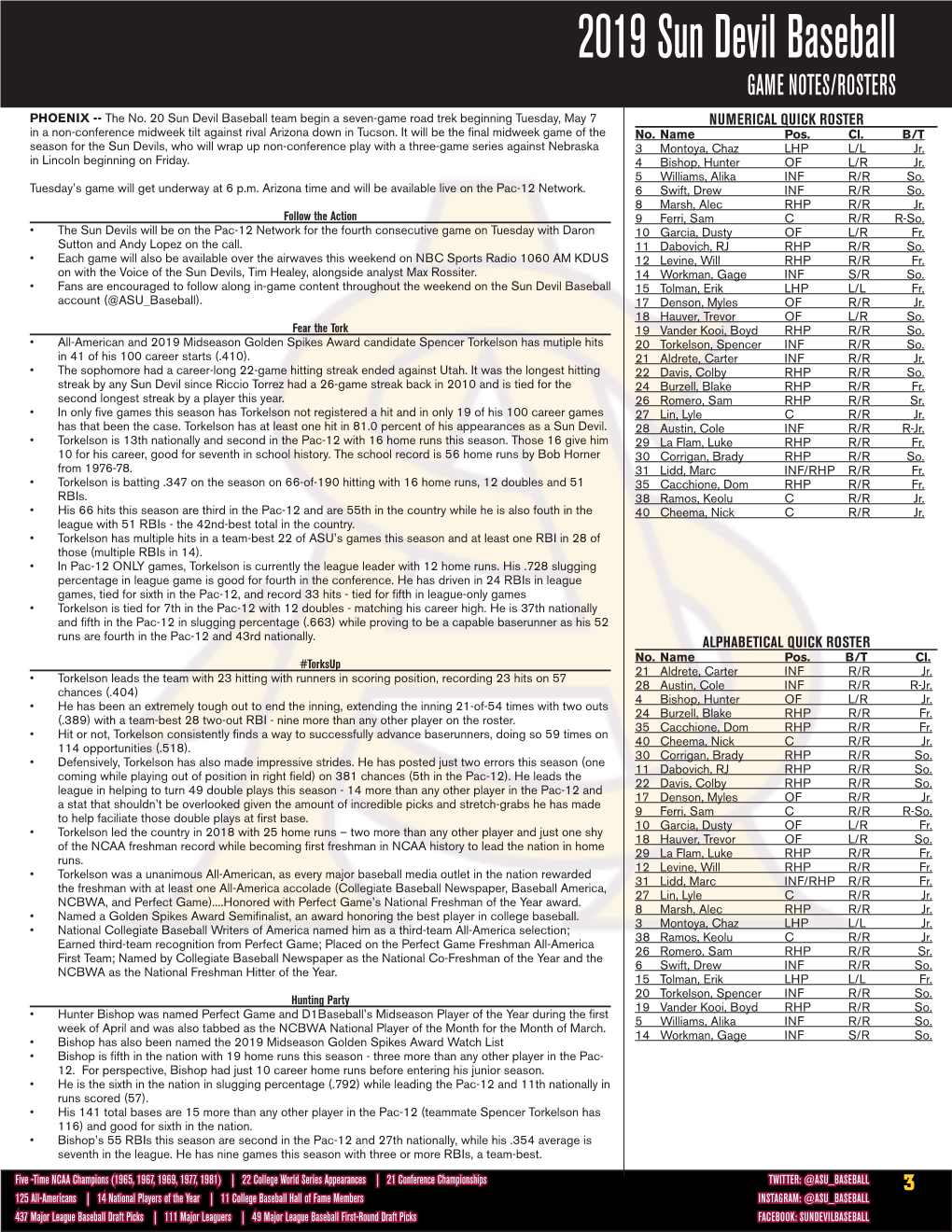 2019 Sun Devil Baseball GAME NOTES/ROSTERS PHOENIX -- the No