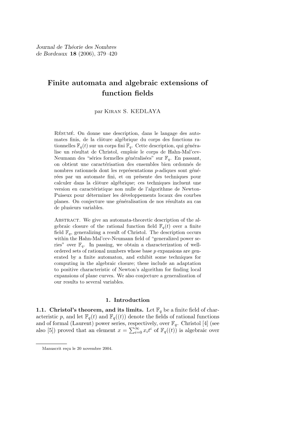 Finite Automata and Algebraic Extensions of Function Fields