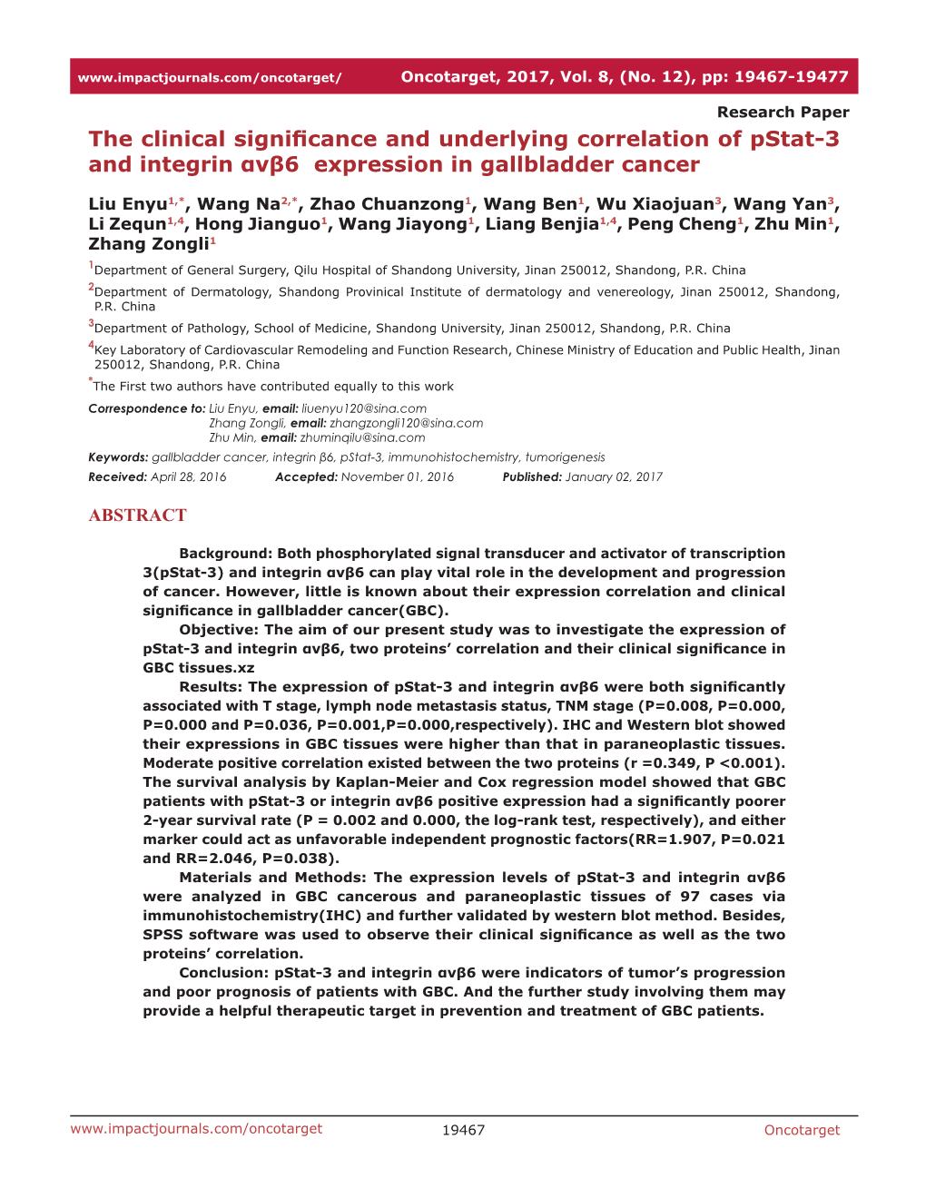 The Clinical Significance and Underlying Correlation of Pstat-3 and Integrin Αvβ6 Expression in Gallbladder Cancer