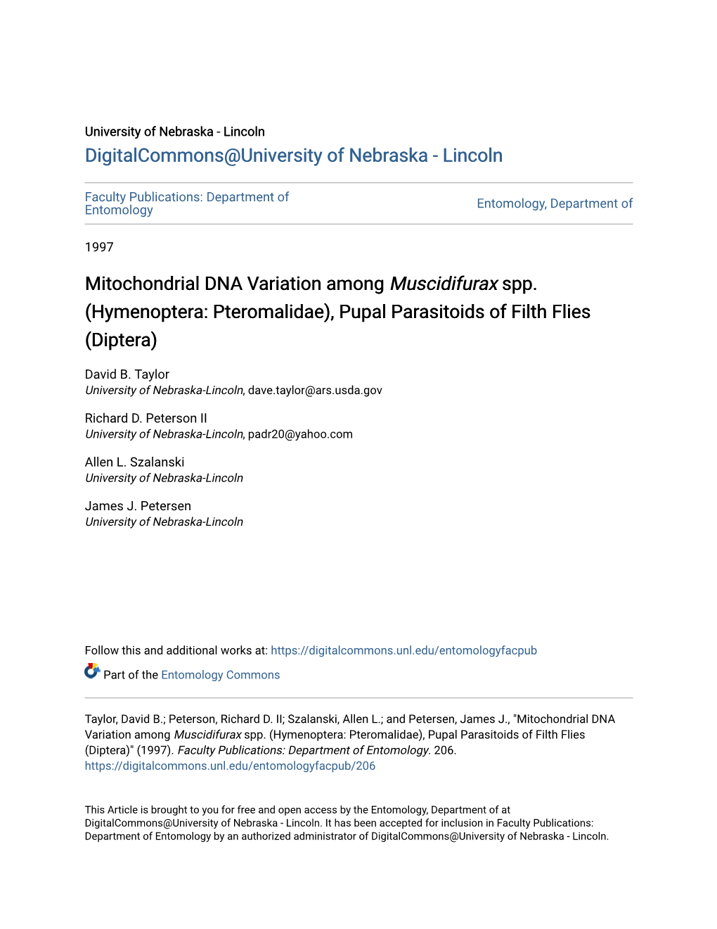 Mitochondrial DNA Variation Among &lt;I&gt;Muscidifurax&lt;/I&gt; Spp