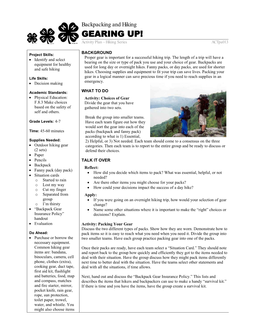 GEARING UP! Activity Plan – Hiking Series Actpa013