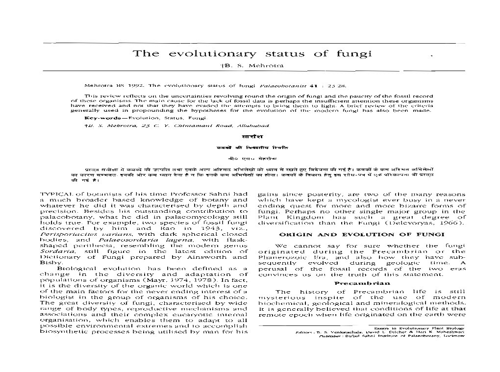 The Evolutionary Status of Fungi