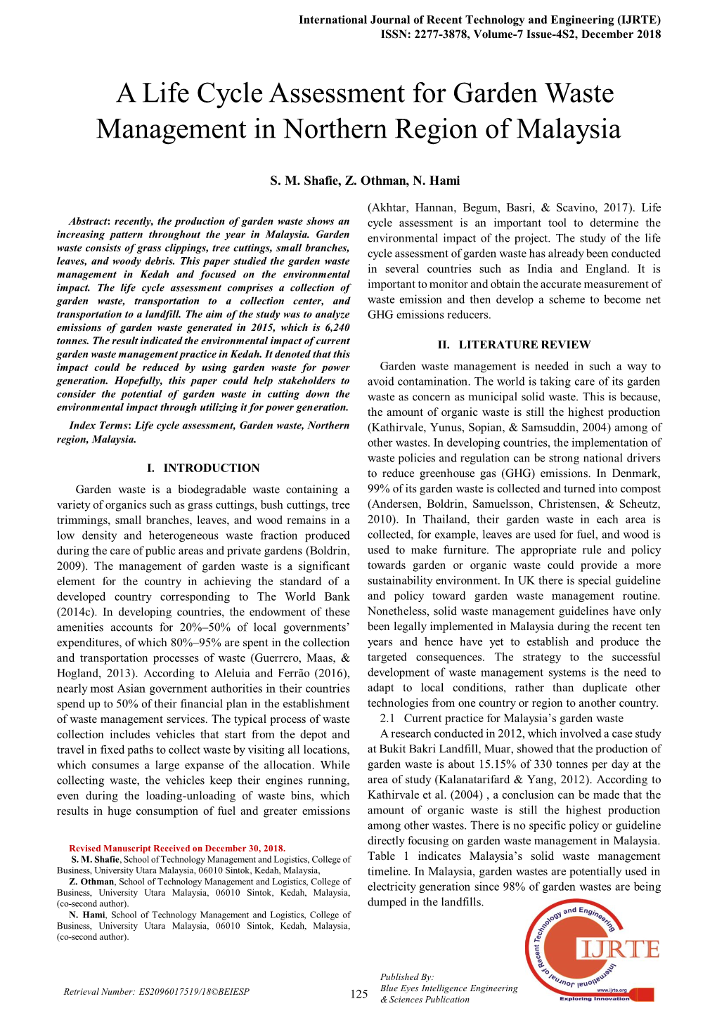 A Life Cycle Assessment for Garden Waste Management in Northern Region of Malaysia