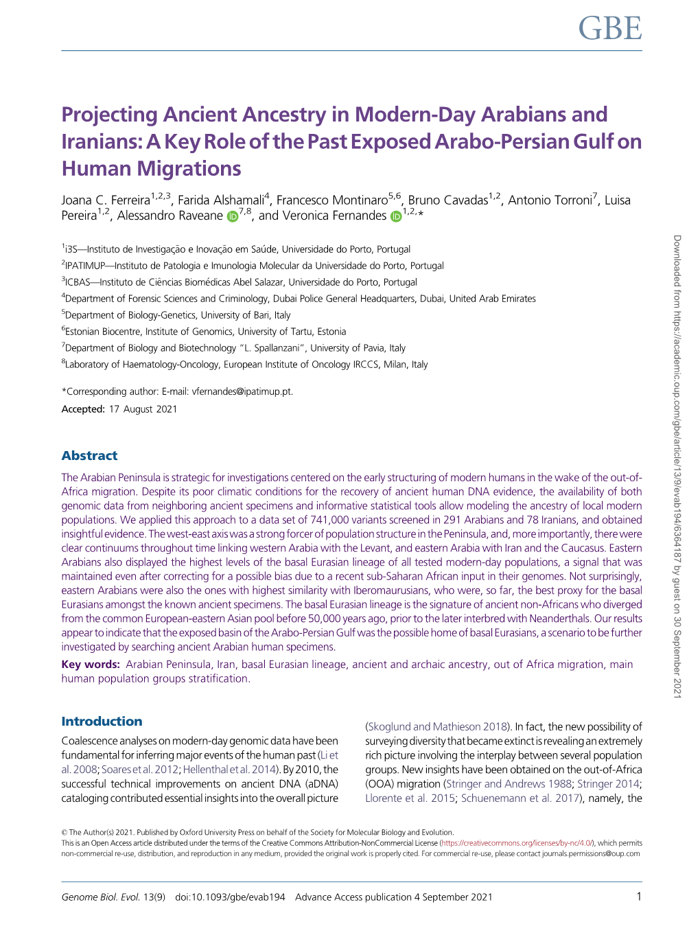 Projecting Ancient Ancestry in Modern-Day Arabians and Iranians: a Key Role of the Past Exposed Arabo-Persian Gulf on Human Migrations