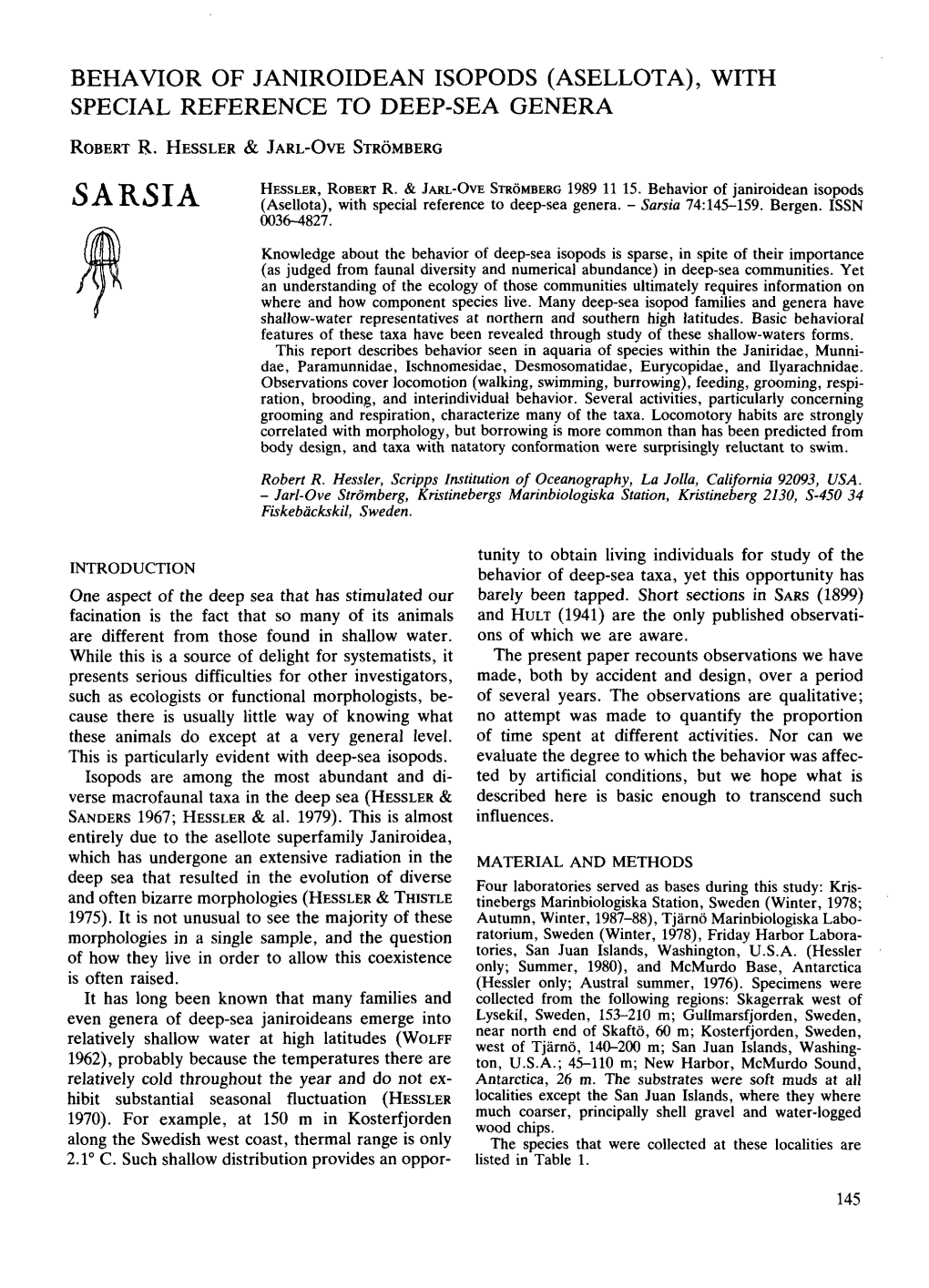 SARSIA (Asellota), with Special Reference to Deep-Sea Genera
