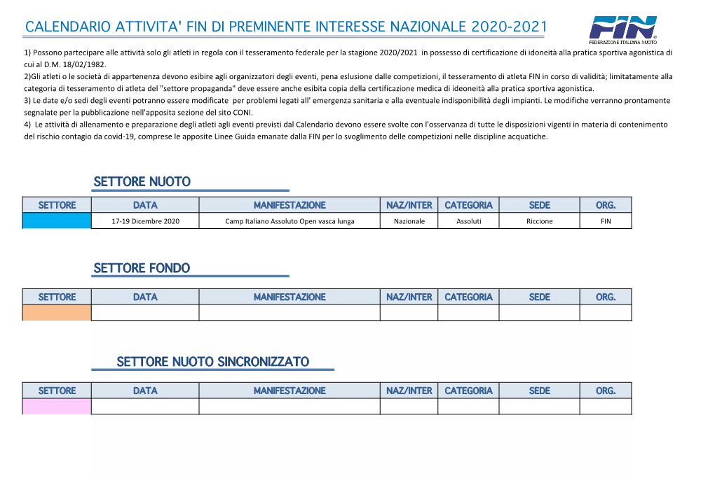 Calendario Attivita' Fin Di Preminente Interesse Nazionale 2020-2021