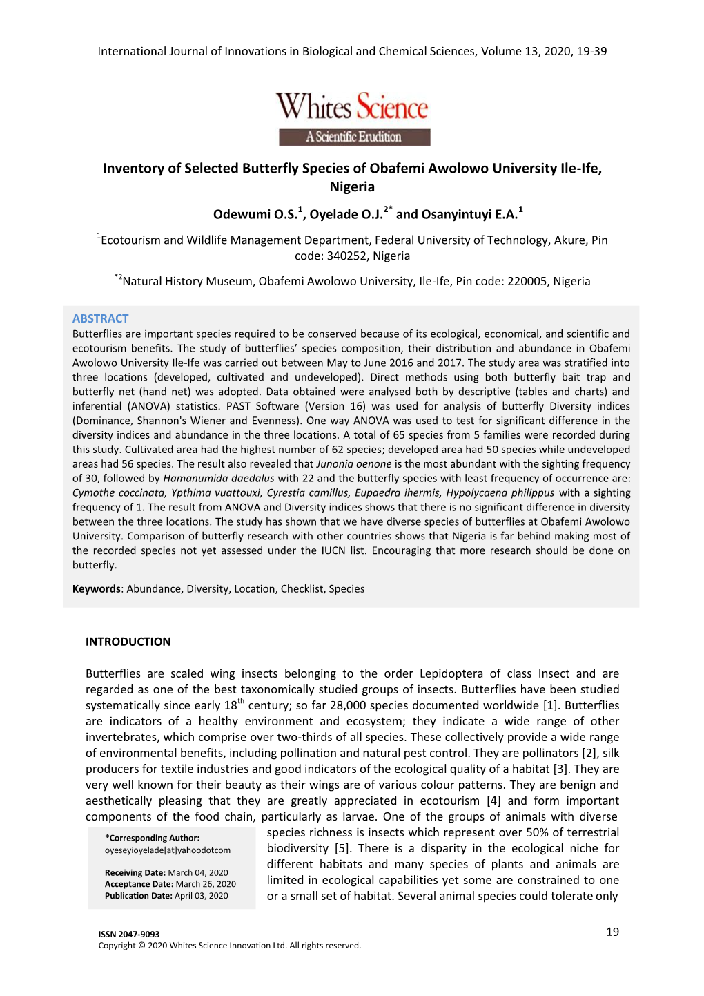 Inventory of Selected Butterfly Species of Obafemi Awolowo University Ile